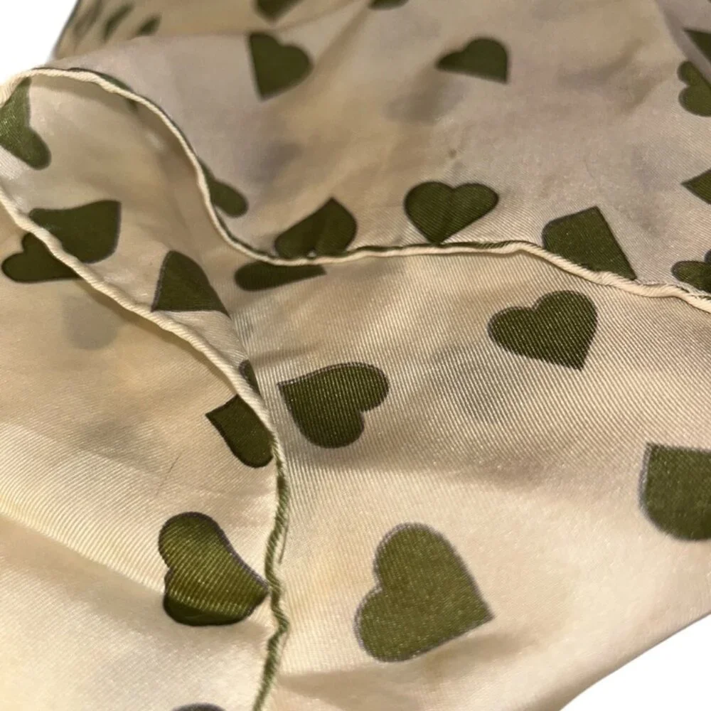 Vintage 100% silk hand rolled sewn green heart print scarf